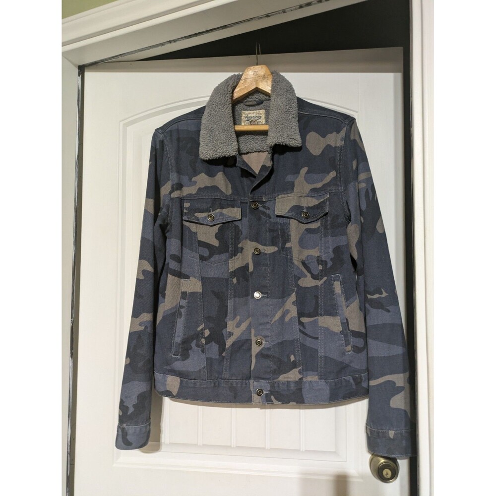 American Vintage Mens Camo Pockets Long Sleeve Collared Trucker Jacket Size L